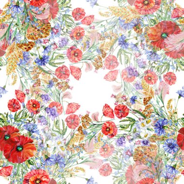 Suluboya buketi yaz koleksiyonu. Beyaz arka planda farklı çayır çiçekleri. Çiçek dikişsiz desen.