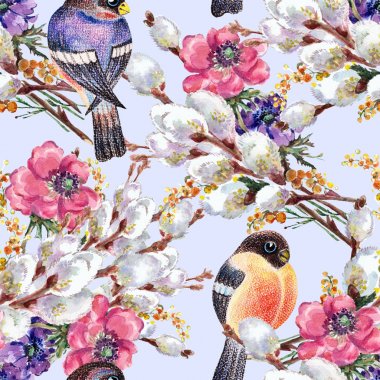Buket çiçekleri söğüt ve anemon ile suluboya kuş bullfinch. Mavi arka planda bahar dikişsiz desen.