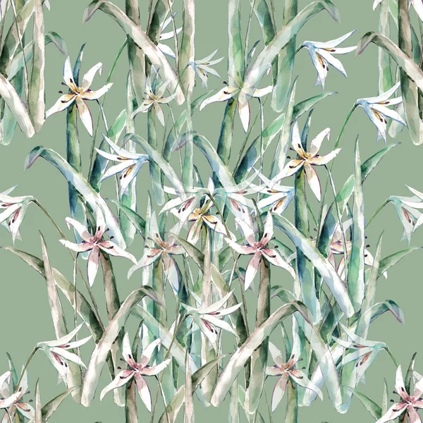 Μπουκέτο Υδατογραφίεςαπό Κρίνα Απρόσκοπτη Λουλούδια Μοτίβο Πράσινο Φόντο — Φωτογραφία Αρχείου