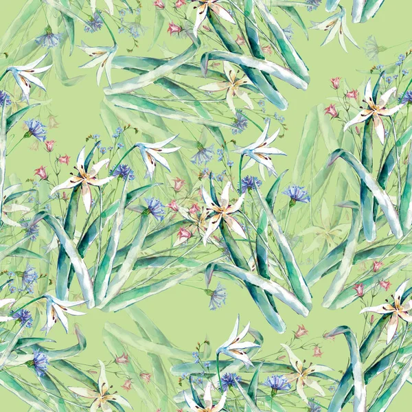 Aquarellstrauß Aus Lilien Nahtlose Muster Wiesenblumen Auf Grünem Hintergrund — Stockfoto