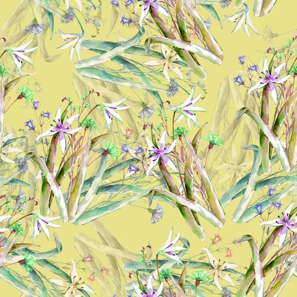 Aquarellstrauß Aus Lilien Nahtlose Muster Wiesenblumen Auf Gelbem Hintergrund — Stockfoto