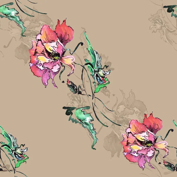Bej Arka Planda Suluboya Dekoratif Haşhaş Çiçek Dikişsiz Desen — Stok fotoğraf