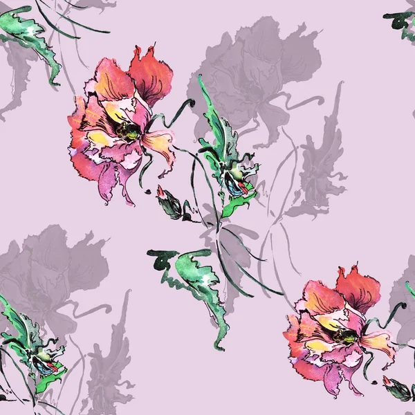 紫色背景上的水彩装饰罂粟 花卉无缝图案 — 图库照片
