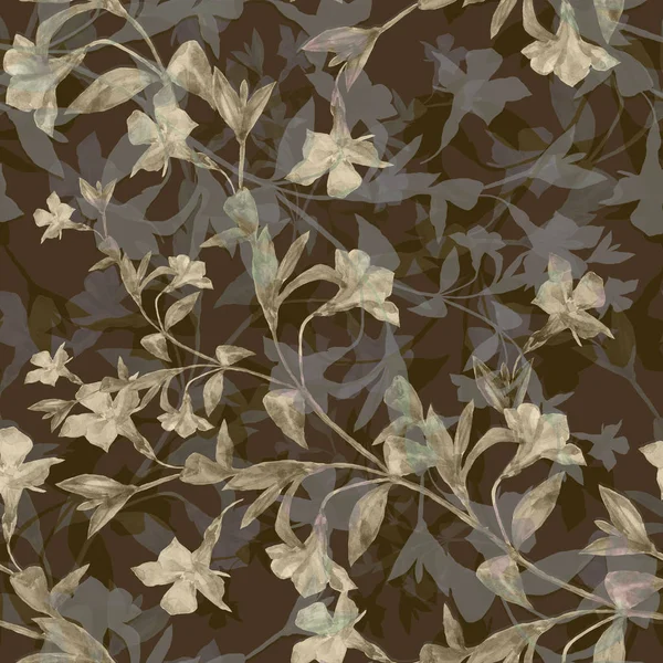 Akvarell Äng Blomma Periwinkle Sömlösa Mönster Blommig Illustration Brun Bakgrund — Stockfoto
