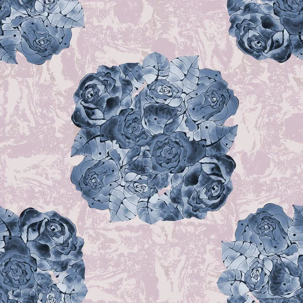 Watercolor bouquet roses on marble background. Seamless pattern for fabric on pink background.