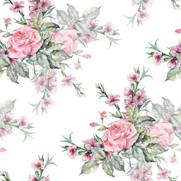 Watercolor Pink Rose Branchflowers Peach White Background Seamless Pattern Fabric — Stock Photo, Image