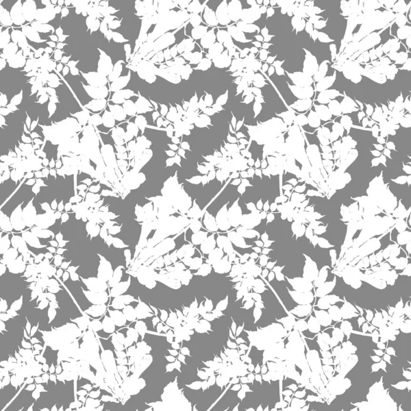 葉を持つ水彩画の花のキャンパス絵画 灰色の背景のモノクロームシームレスなパターン — ストック写真