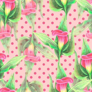 Laleli zambak çiçekleri benekli arka planda renkli kalemlerle çiziyor. Kumaş için çiçeksiz desen.