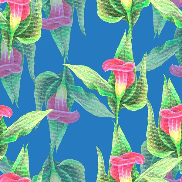 青い背景に色鉛筆で描かれたユリの花を呼び出します 生地のための花シームレスパターン — ストック写真