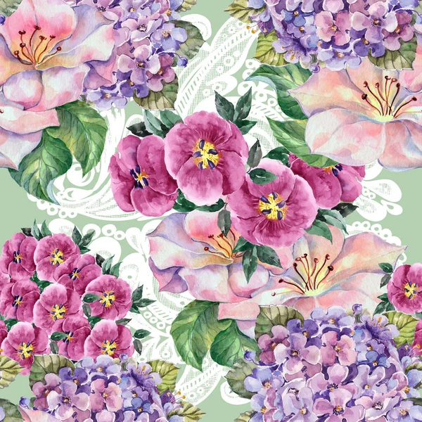 Watercolor Flowers Openworkon Green Background Seamless Pattern Design — Stock Photo, Image