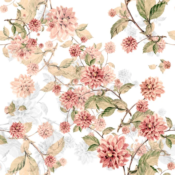 Flowers Dahlia Painting Watercolor White Background Floral Seamless Pattern Fabric — Stock Photo, Image