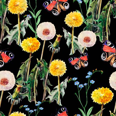 Suluboya karahindiba çiçekleri ve siyah arka planda kelebekli yapraklar. Çiçeksiz desen.