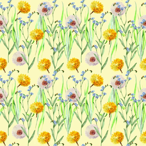 Watercolor Dandelios Flowers Leaves Yellow Background Floral Seamless Pattern — Stock Photo, Image