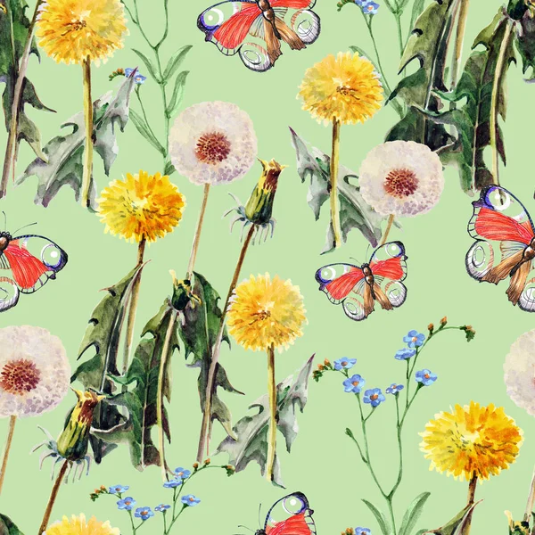 Akwarela Dandelios Kwiaty Liście Motylem Zielonym Tle Limonki Wzór Bez — Zdjęcie stockowe