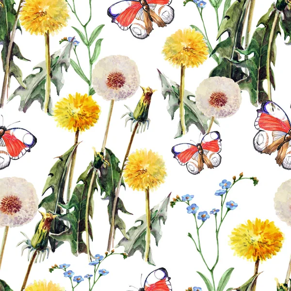 Akwarela Dandelios Kwiaty Liście Motylem Białym Tle Wzór Bez Szwu — Zdjęcie stockowe