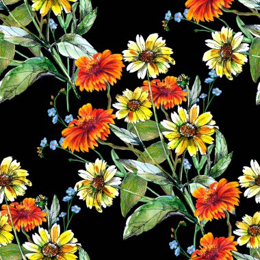 Siyah arka planda mavi çayır çiçekleri olan suluboya ayçiçekleri. Kumaş için çiçeksiz desen.