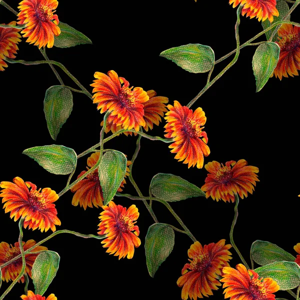 黒を基調とした水彩ひまわり 生地のための花シームレスパターン — ストック写真