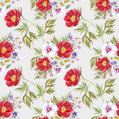 Açık arkaplanda suluboya çayır çiçekleri. Kumaş için kusursuz desen.