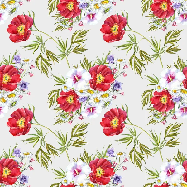 Watercolor Bouquet Meadow Flowers Light Background Seamless Pattern Fabric — Stock Photo, Image