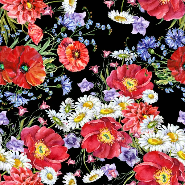 黒の背景に水彩の花束の牧草地の花 布のためのシームレスなパターン — ストック写真