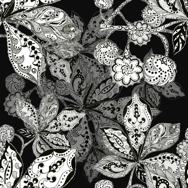 ベリーとグラフィックモノクロ栗の葉 黒の背景に透かし彫りの葉 デザインのためのシームレスなパターン — ストック写真