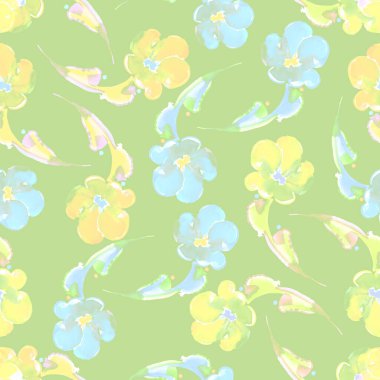 Yeşil arkaplanda suluboya çiçekleri. Yaz kumaşı için pürüzsüz desenli farklı renkli çiçekler..