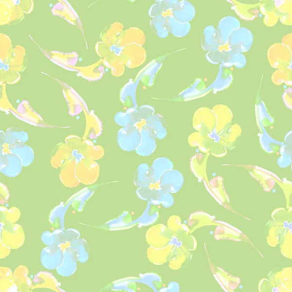 Watercolor Flowers Lime Green Background Different Colorful Flowers Seamless Pattern — Stock Photo, Image