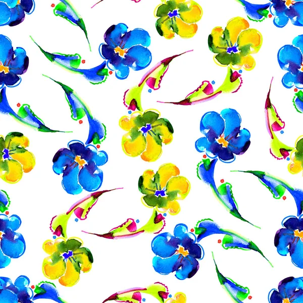 Aquarellblumen Auf Weißem Hintergrund Verschiedene Bunte Blumen Nahtlosem Muster Für — Stockfoto