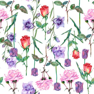 Beyaz arka planda suluboya çayır çiçekleri. Kumaş için çiçeksiz desen.