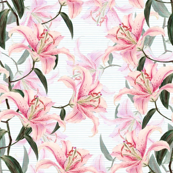 Watercolor Flowers Lily White Striped Background Floral Seamless Pattern — Stock Photo, Image