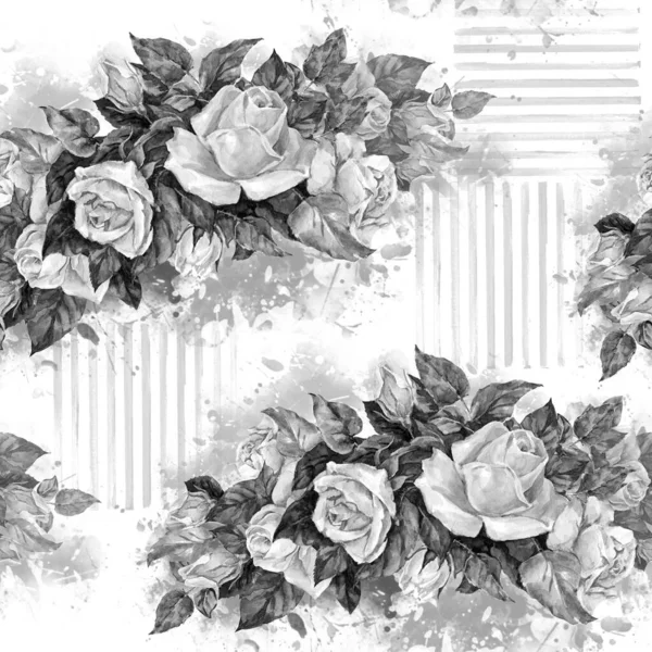 Monochrome Bouquet Roses Stripes White Background Floral Seamless Pattern Fabric — Stock Photo, Image