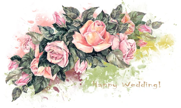 水彩花 粉红玫瑰 背景为白色 卡片的植物图解 — 图库照片