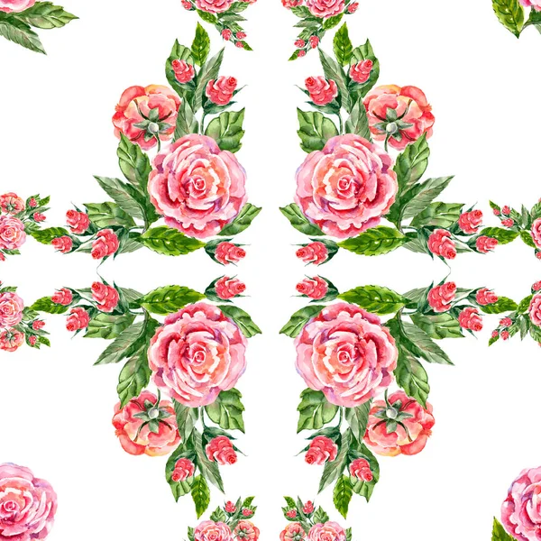 Watercolor painting of leaf and flowers rose. Seamless pattern on white background.
