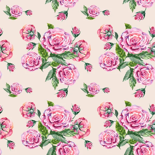 Watercolor Painting Leaf Flowers Rose Seamless Pattern Cream Background — Stock Photo, Image
