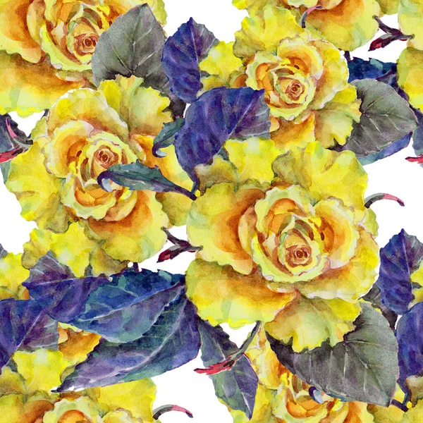 Acquerello Bouquet Modello Senza Soluzione Continuità Rose Gialle Sfondo Bianco — Foto Stock
