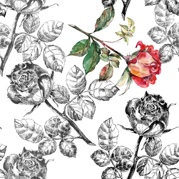 Watercolor flowers and graphic roses on white background. Roses in seamless pattern for fabric .