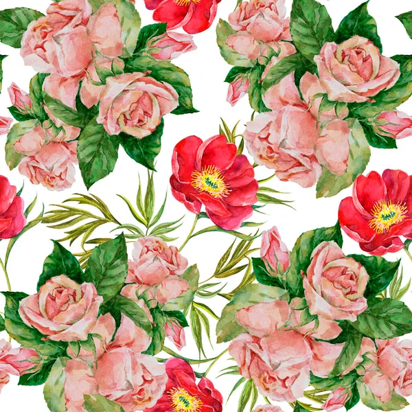 Watercolor Flowers White Background Rose Peony Seamless Pattern Fabric — Stock Photo, Image