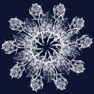Mavi arka planda kar tanesi şeklinde çizgili güller. Kumaş ve dekorasyonlar için tatil illüstrasyonu.