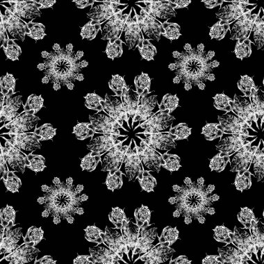 Siyah zemin üzerinde kar tanesi şeklinde çizgili güller. Kumaş ve dekorasyonlar için kusursuz tatil deseni.