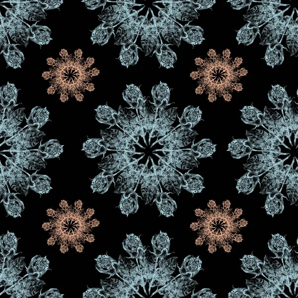 黒の背景に雪の結晶の形でグラフィックバラ 生地や装飾のための休日シームレスパターン — ストック写真