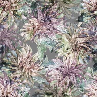 Bahçe buketi yıldız çiçeği. Suluboya, el boyası, gri arka planda kusursuz desen..