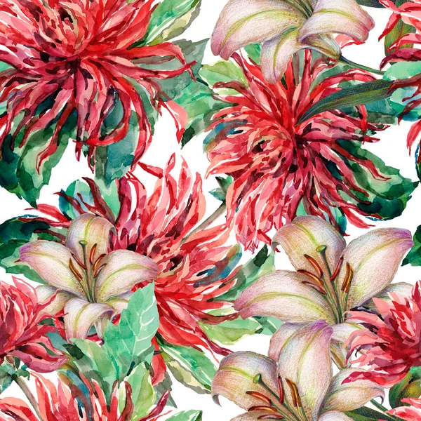 Bukiet Ogrodowy Czerwona Dahlia Lilią Akwarela Ręcznie Malowany Bezszwowy Wzór — Zdjęcie stockowe