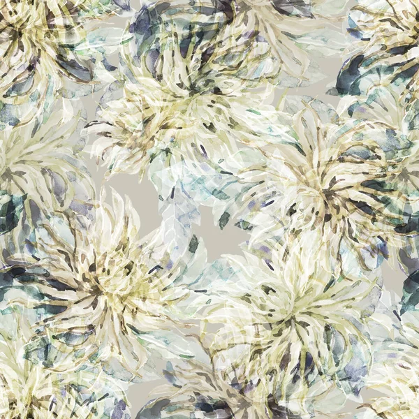 Watercolor Dahlia Gray Background Floral Seamless Pattern Fabric — Stock Photo, Image