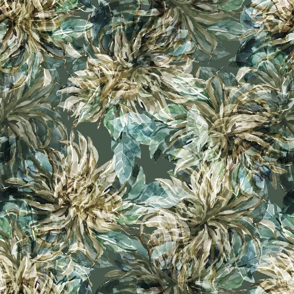 Watercolor Dahlia Green Background Floral Seamless Pattern Fabric — Stock Photo, Image