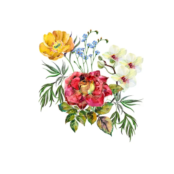 Watercolor flowers on white background. Peony, orchid and blue wildflowers with rose. Illustration for fabric.