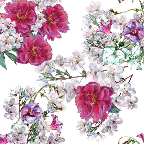Watercolor spring flowers on white background. Peony, bindweed and flowers cherry. Seamless pattern for fabric.