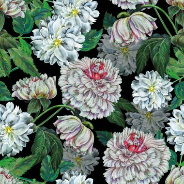 Siyah arka planda beyaz çiçekler renkli kalemler çiziyor. Kumaş için çiçeksiz desen.