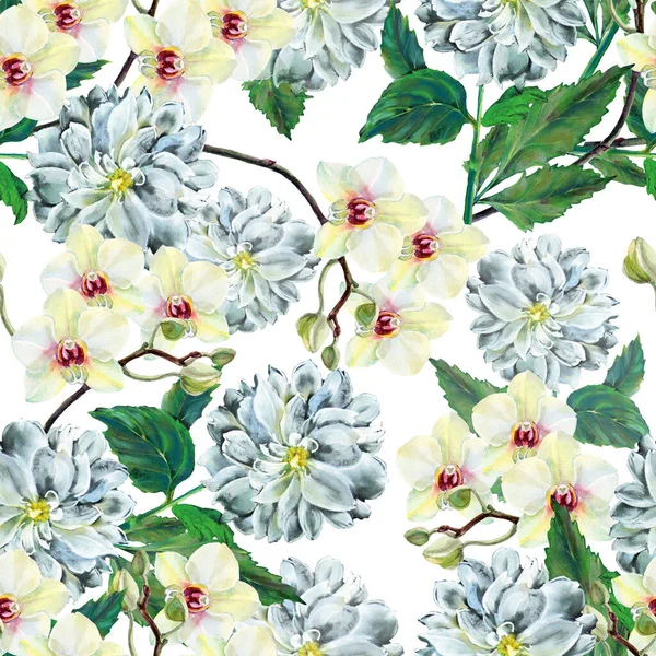 White flowers painting in watercolor on white background. Floral seamless pattern for fabric.