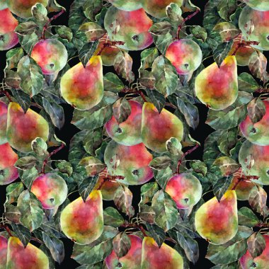 Kusursuz desenli suluboya meyve yapraklı. Siyah armutlu armut dalları. Dekorasyon ve tasarım için güzel desen. 