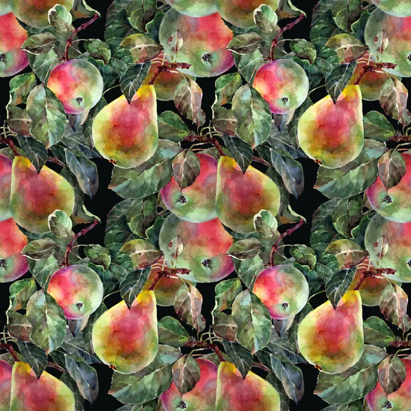 Sömlös Mönster Akvarell Frukt Med Blad Filial Päron Med Äpplen — Stockfoto